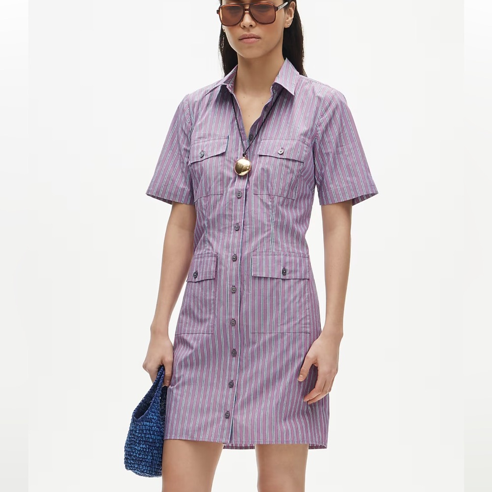 Striped Short-Sleeve Shirt Dress in Lavender Pink